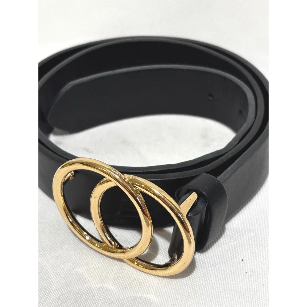 Black Faux Leather Belt Gold Double O-Ring Interlocking Buckle Minimalist Chic